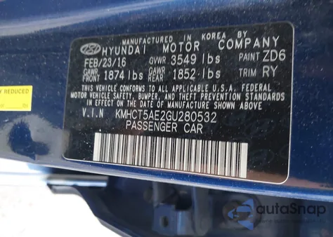 2016 Hyundai Accent Se from USA, damaged, VIN KMHCT5AE2GU280532